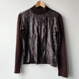 Vintage Pleather Strips Knit Zip Wool Blend Made in Italy Cardigan Jacket